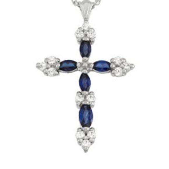 Sterling Silver created blue and white sapphire cross pendant - Picture 1 of 5